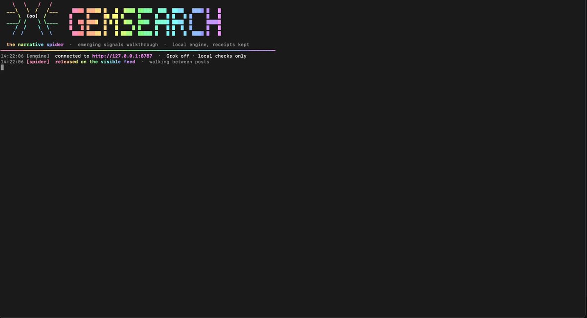 Gem Search 오픈소스 피드 분석기 터미널 실행 및 토큰 내러티브 탐지 화면